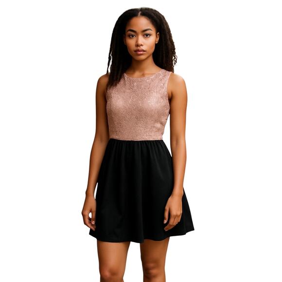 Women’s Fancy Pink Lace Top with Black Balloon Mini Skirt Dress Party Cocktail - Picture 1 of 8
